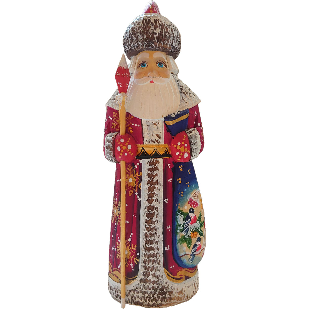 【木製ロシアペインティングサンタ/ジェド・マロース】レッドサンタwithスティック・バード/Red santa with stick bird